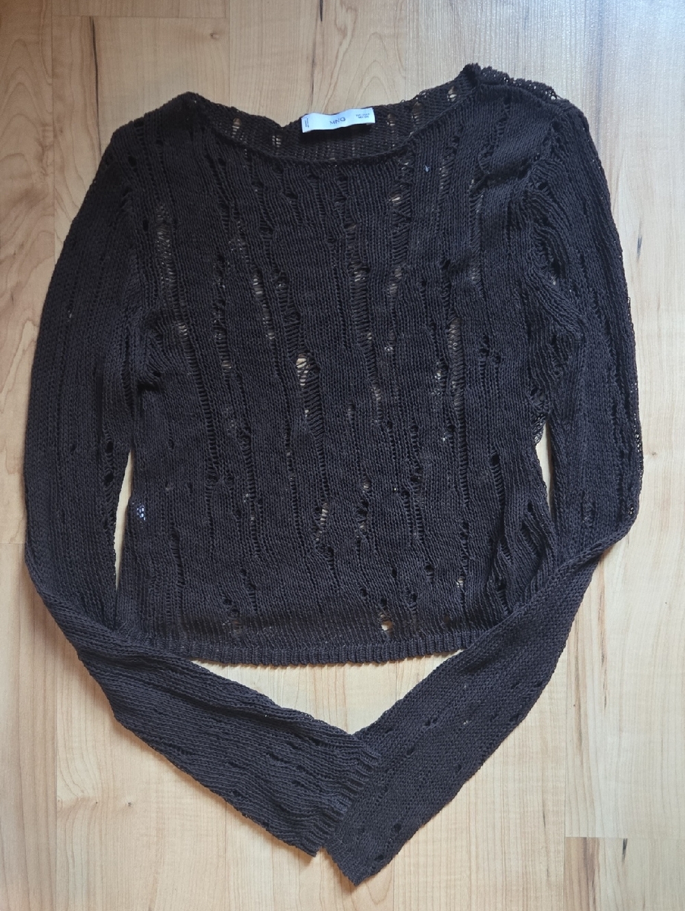 Mango Chocolate Brown Open-Stitch Crew Neck Sweater